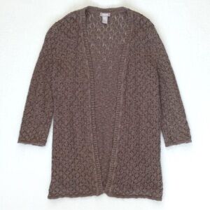 Chico's Earth Brown Chunky Open Crochet Knit 3/4 Sleeve Open Cardigan Duster 2